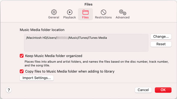 File tab of Music app preferences