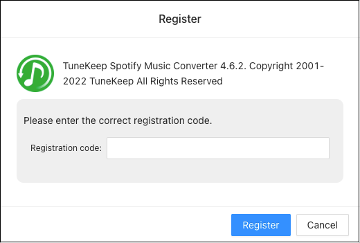 Register TuneKeep Spotify Music Converter
